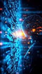 Poster - A digital silhouette of a person interacts with a vibrant, data-driven background, symbolizing the fusion of technology and human consciousness.