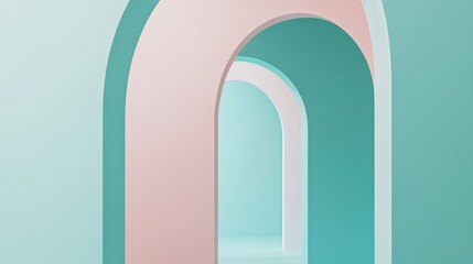 Poster - Minimalist design featuring muted teal and pink arcs creates a serene atmosphere in an abstract architectural space