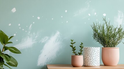 Aufkleber - Minimalist decor featuring pastel mint dotted pencil strokes on a rustic wooden tabletop with potted plants
