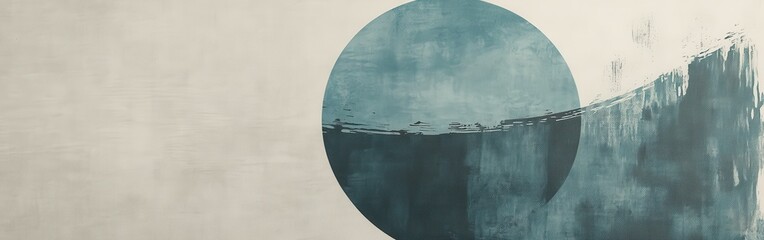 Poster - Minimalist design featuring a circular shape and textured waves in serene blue and beige tones