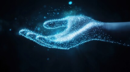 Aufkleber - A glowing, digital hand appears against a dark background, emanating particles of light, symbolizing technology and innovation.
