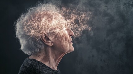 Aufkleber - Exploding head concept representing dementia and memory loss in an elderly woman, with glowing energy radiating from her head against a dark background