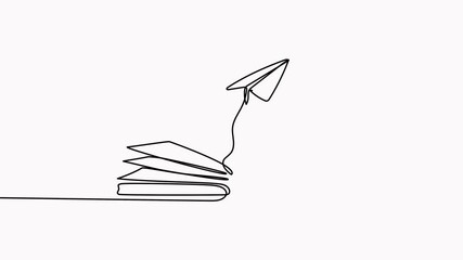 Poster - Book with flying paper plane continuous line drawn animated video.