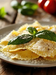 Poster - Freshly made ravioli served on a rustic plate garnished with basil and grated cheese in a cozy kitchen setting