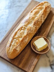 Aufkleber - Freshly baked baguette resting on a wooden cutting board with butter ready for spreading