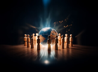 Aufkleber - Wooden figures encircle a glowing globe under bright spotlight, symbolizing global unity, connection, and collaborative teamwork.