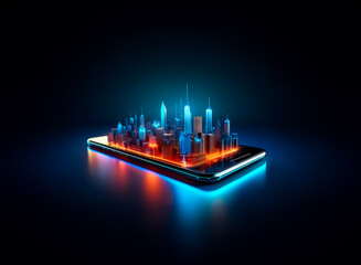 Poster - Futuristic city skyline glows atop a smartphone. Buildings illuminated in vibrant neon colors, standing out against a dark, reflective surface. Digital cityscape concept.