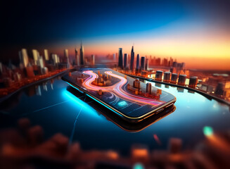 Aufkleber - A futuristic city map glows on a smartphone screen, reflecting the vibrant cityscape at dusk. Digital lights illuminate the urban scene with a modern, technological feel.