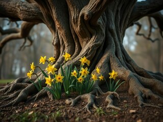 whimsical yellow daffodils peeking out from beneath the roots of an ancient tree with gnarled branch