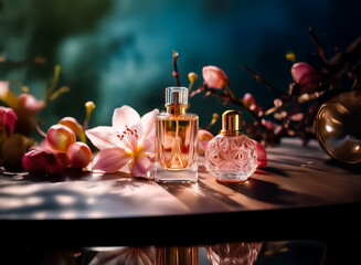 Poster - Elegant perfume bottles are showcased with delicate flowers and branches, creating a luxurious and floral still life scene on a shiny surface.