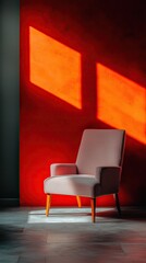 Poster - light colored armchair sits against vibrant red wall bathed in sunlight