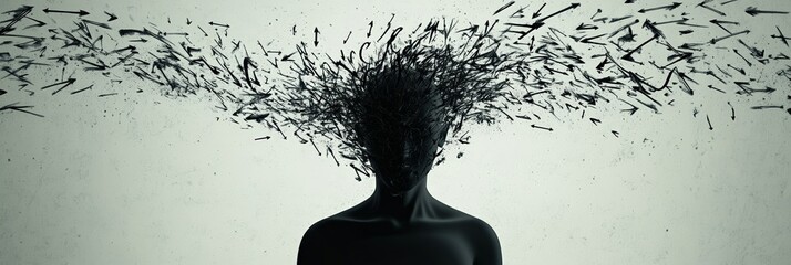 Poster - Person suffering from fobo - fear of better option - with arrows coming out of head symbolizing the difficult decision making process and job insecurity