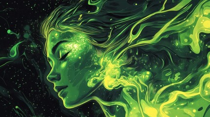 Poster - Vibrant visualization of a woman's face with flowing green elements in an abstract cosmic landscape