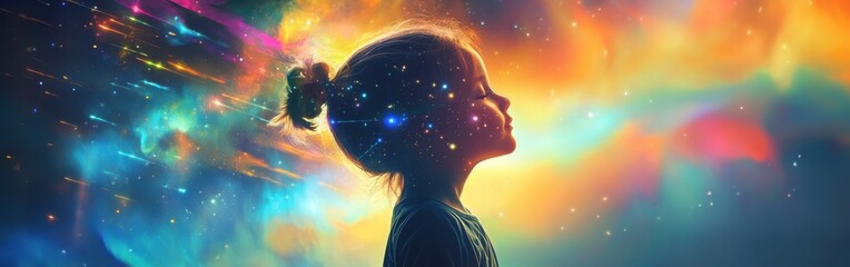 Poster - Vibrant visualization of a glowing child surrealistically merging with cosmic elements