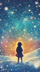 Poster - Child glows against a magical winter backdrop with falling snowflakes and vibrant colors at dusk