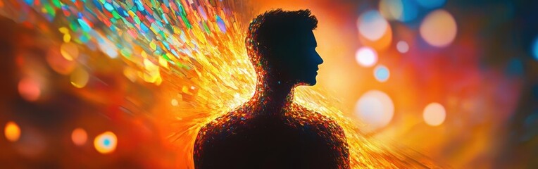 Aufkleber - Vibrant silhouette of a man surrounded by colorful light effects at dusk during a creative art display