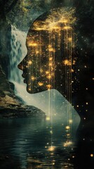 Poster - Surreal representation of a glowing woman by a mystical waterfall at twilight