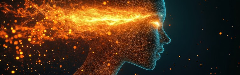 Poster - Surreal representation of a glowing woman with vibrant energy emanating from her head in a dark, abstract setting