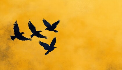 Wall Mural - Silhouettes of birds flying against a vibrant yellow background, capturing a moment of freedom and movement in nature.