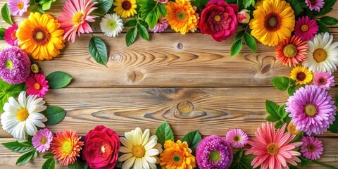 Wall Mural - Colorful flowers with delicate petals and green leaves forming a beautiful seamless border around a modern wooden table, arrangement, decoration