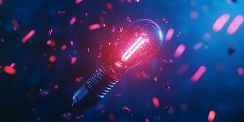 Poster - A light bulb with red and blue sparks flying around it on a dark background