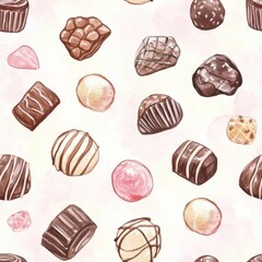 Aufkleber - Charming watercolor doodle of assorted candies and chocolates on a soft pastel background
