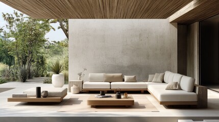 Wall Mural - Modern outdoor patio furniture set with beige cushions, wooden frame, and a concrete wall backdrop.