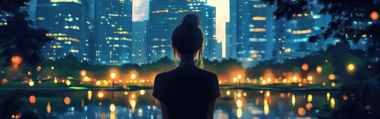 Aufkleber - Serene silhouette of a woman reflecting on a city park at twilight by the water