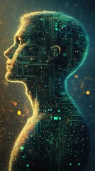 Leinwandbilder - Serene portrait of a man glowing with circuit patterns against a dark background in a mystical, futuristic setting