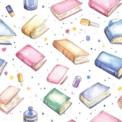 Aufkleber - Colorful watercolor doodle of playful books and stationery scattered on a light background in a whimsical arrangement