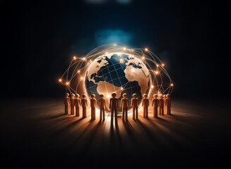 Aufkleber - A glowing earth globe is encircled by a luminous network, with a group of people standing around it in a circle, representing worldwide connection and collaboration.