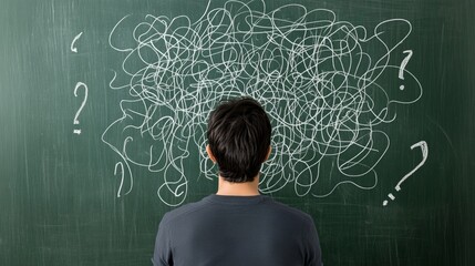 Aufkleber - Rear view of a student looking at a chalkboard with messy lines and question marks representing his fobo, fear of better option, a modern anxiety related to decision making