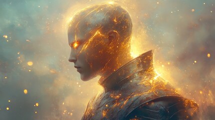 Fototapete - Mystical profile of a man filled with ethereal energy and glowing details during a cosmic event