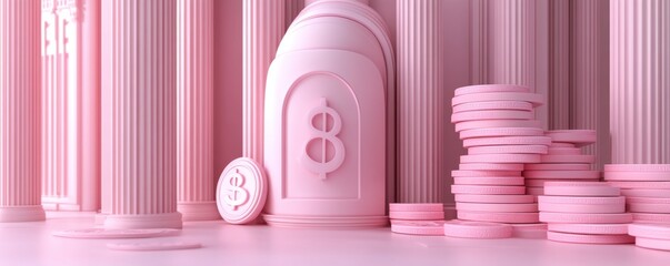 Poster - A whimsical scene featuring pink pillars, stacks of pink discs, and a central structure, all creating a playful, pastel aesthetic.