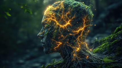 Aufkleber - Mystical portrayal of a man's profile filled with glowing roots and foliage in a serene forest setting
