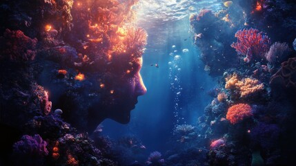 Aufkleber - Mystical underwater profile blending with vibrant coral reef and marine life in an ethereal seascape