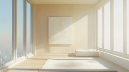 Aufkleber - Minimalist bedroom featuring large windows and soft natural light in a serene urban setting
