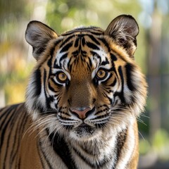 Poster - Close-up view of a tiger's face showcasing sharp features and vibrant colors in natural habitat