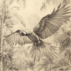 Poster - Macaw soars through a lush rainforest with its vibrant wings wide open in search of food and adventure