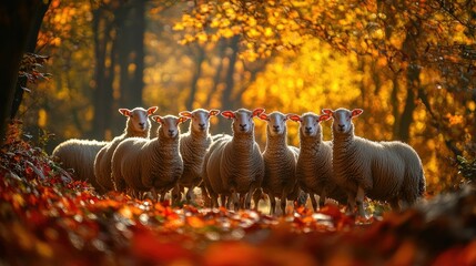 Wall Mural - Herd of Sheep in a Vibrant Orange Forest during Autumn Season