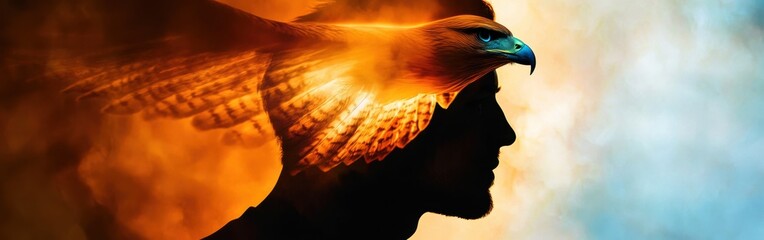 Aufkleber - Dynamic silhouette of a man with a stylized eagle emerging at sunset over a vibrant sky