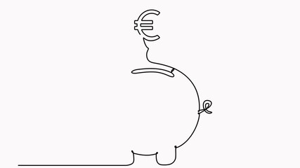 Poster - Piggy bank with falling euro coin continuous one line drawing animation. Investment symbol video. Animated saving money concept. 