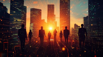 Poster - Silhouetted figures walking through a cityscape at sunset with glowing lights and dramatic colors