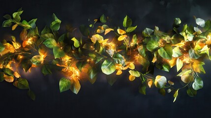 Poster - Captivating double exposure of luminous leaves intertwining with cascading light in a darkened background