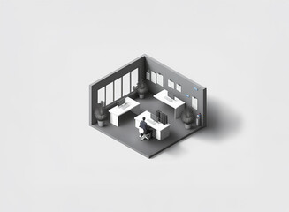 Aufkleber - A minimalist grayscale isometric view of an office space featuring desks, chairs, plants, and windows. Ideal for corporate or business themes.