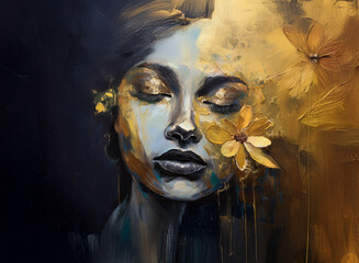 Poster - Abstract artistic portrait of a serene woman with closed eyes. Painterly style in muted blues, yellows, browns. A flower adorns face.