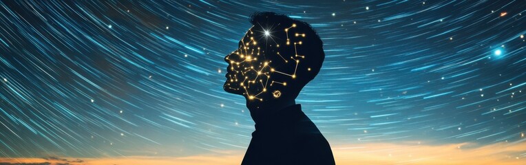 Poster - Man emanating light with constellation patterns against a starry night sky in an imaginative cosmic theme