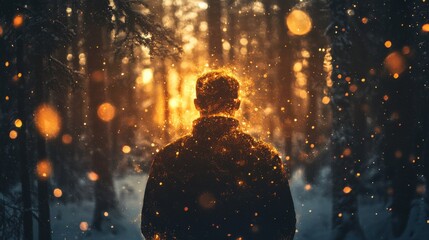 Poster - Man glowing in a mystical forest during sunset surrounded by shimmering particles