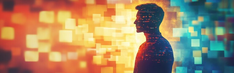 Poster - Concept of a glowing man against a vibrant digital backdrop at dusk reflecting creativity and introspection