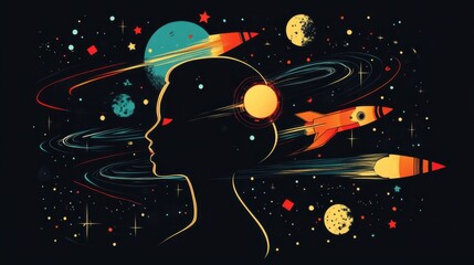 Poster - Conceptual depiction of a woman's silhouette exploring cosmic themes with rockets and celestial bodies in vibrant colors